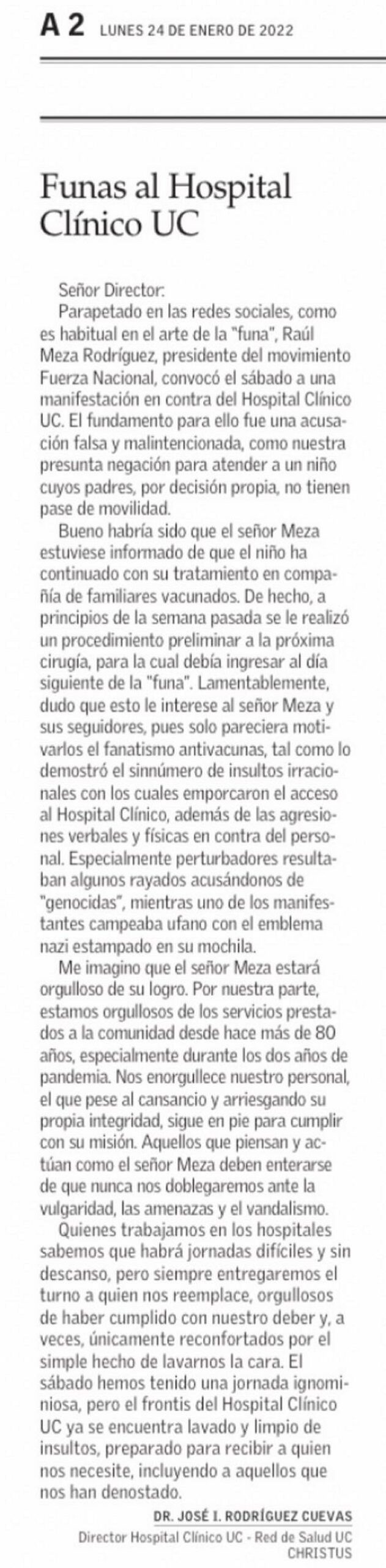 Hospital UC respondió con dureza a abogado pinochetista, quien ahora niega la pandemia