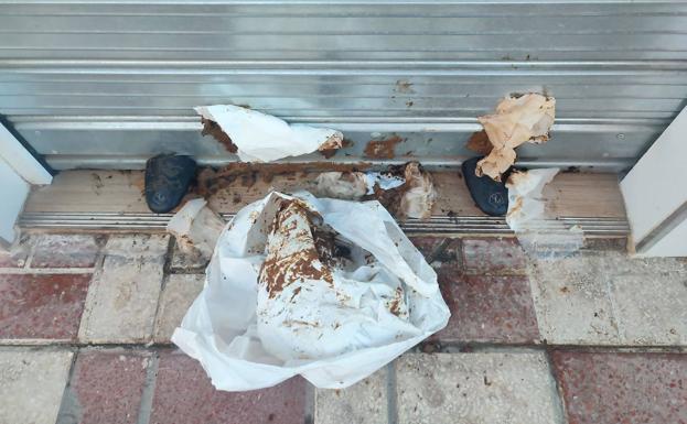 Heces en el cierre de la persiana de un negocio en el barrio de la Chana. /ideal