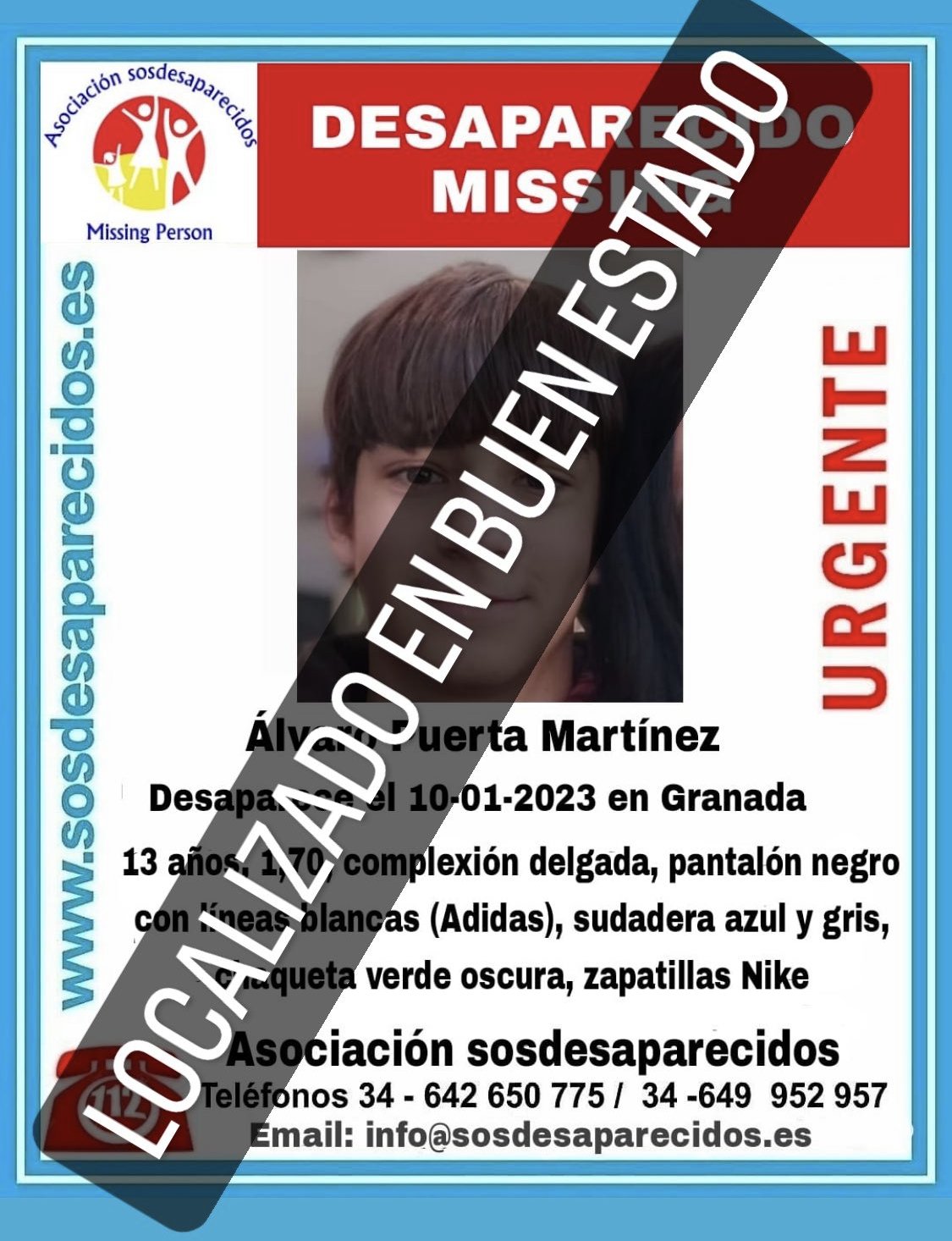Cartel de la localización del joven Álvaro./SOSDESAPARECIDOS